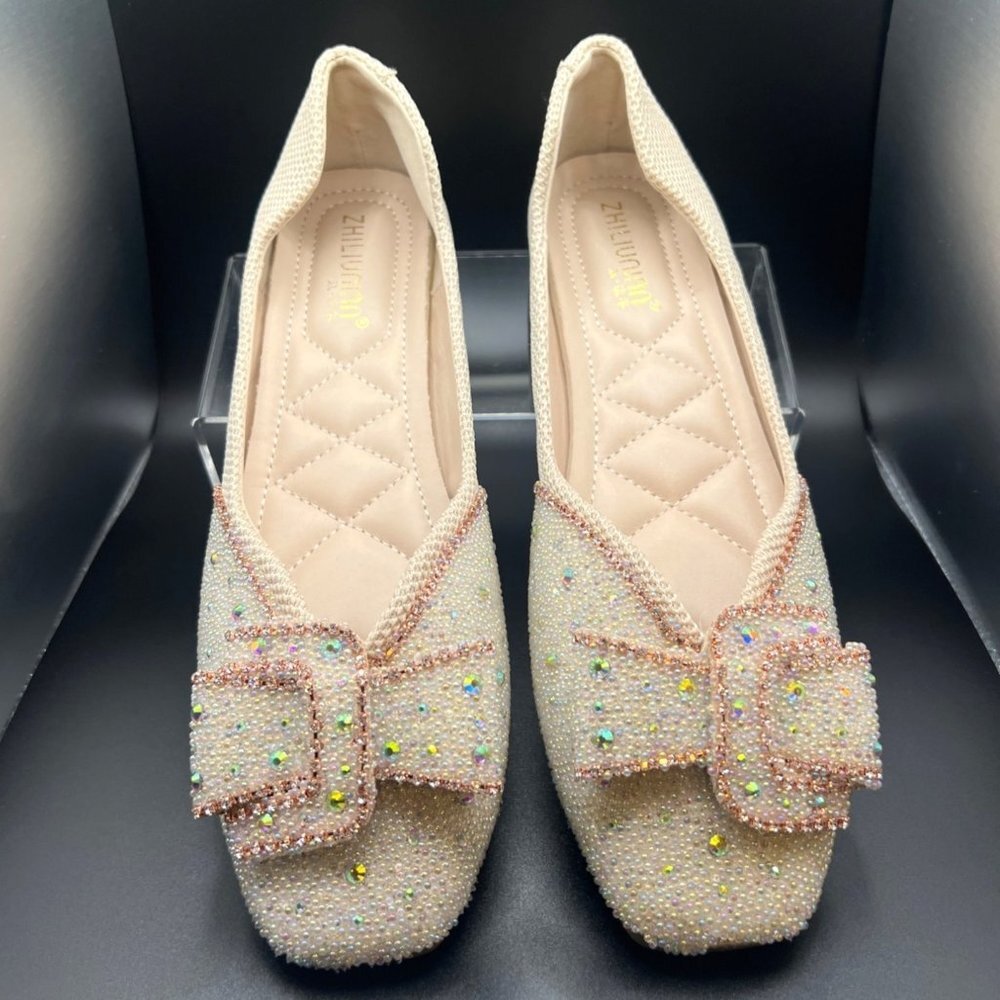 Zhiliunian Women Beaded Flats Square Toe Rhinestone Beige Shoes Size 8.5